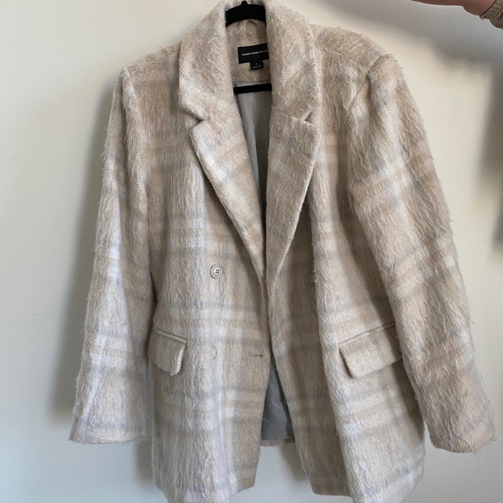 SOMETHING NAVY NEUTRAL PLAID COAT